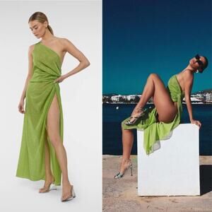 Oseree | SS24 Lumière Knot Dress Lime Green Glitter One Shoulder Midi Dress S-M